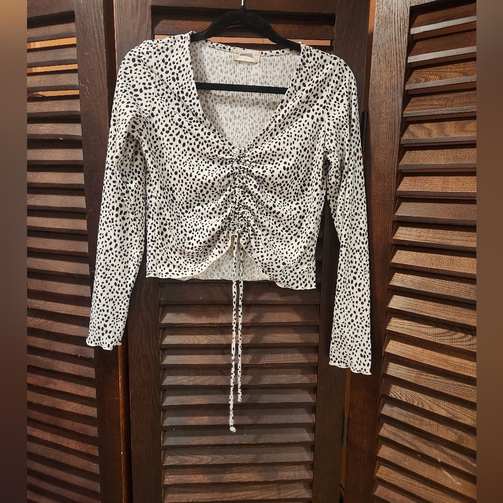 Altar'd State Black and White Polka Dot Ruched Blouse